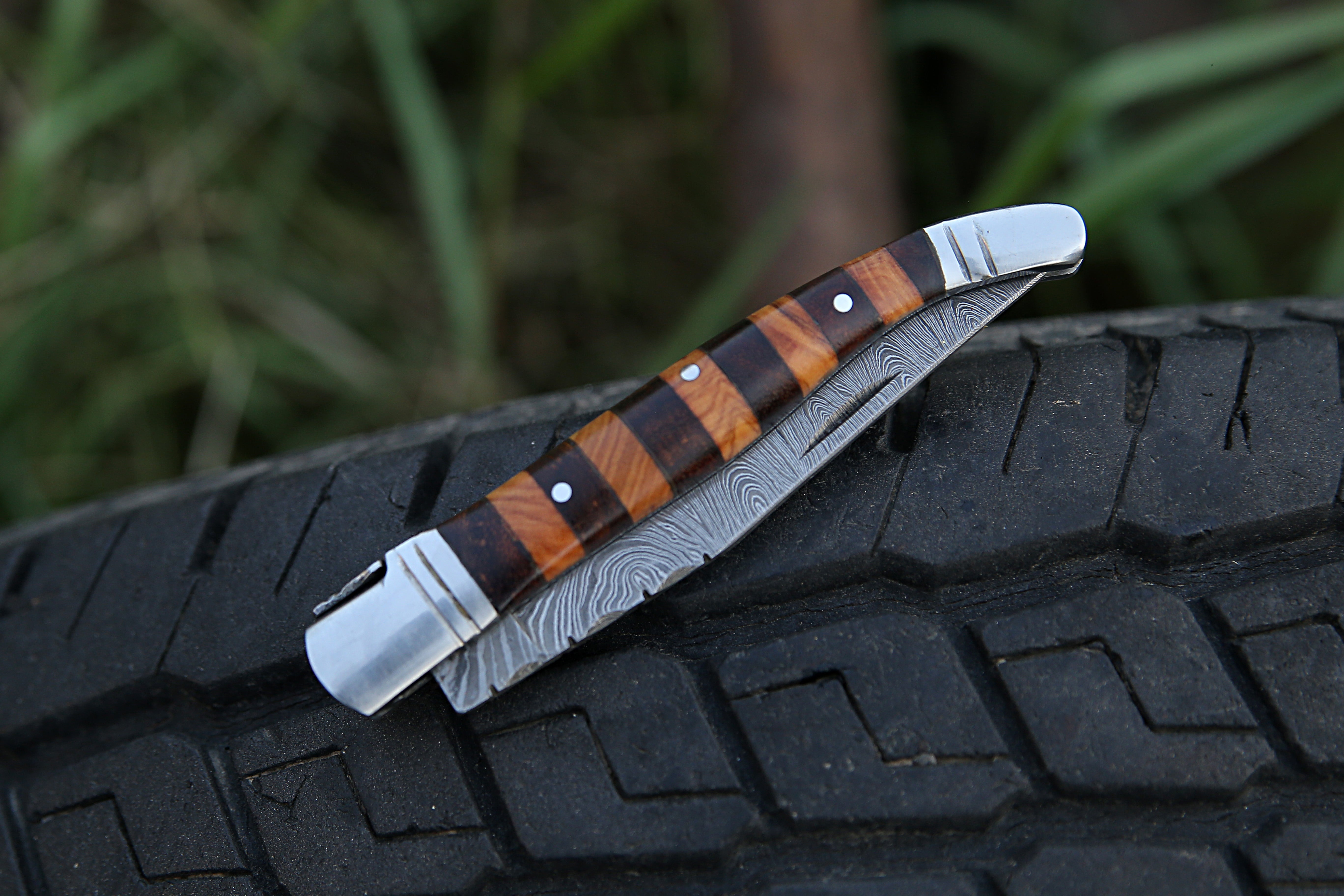Hand Forge Damascus steel Pocket knife With Rose & Olive Wood Handle Steel Clips Folding Knife