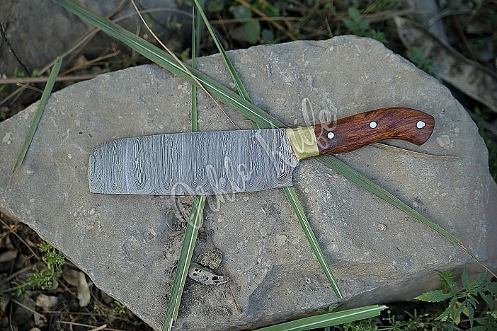 Custom made Damascus steel cleaver chopping knife with leather sheath