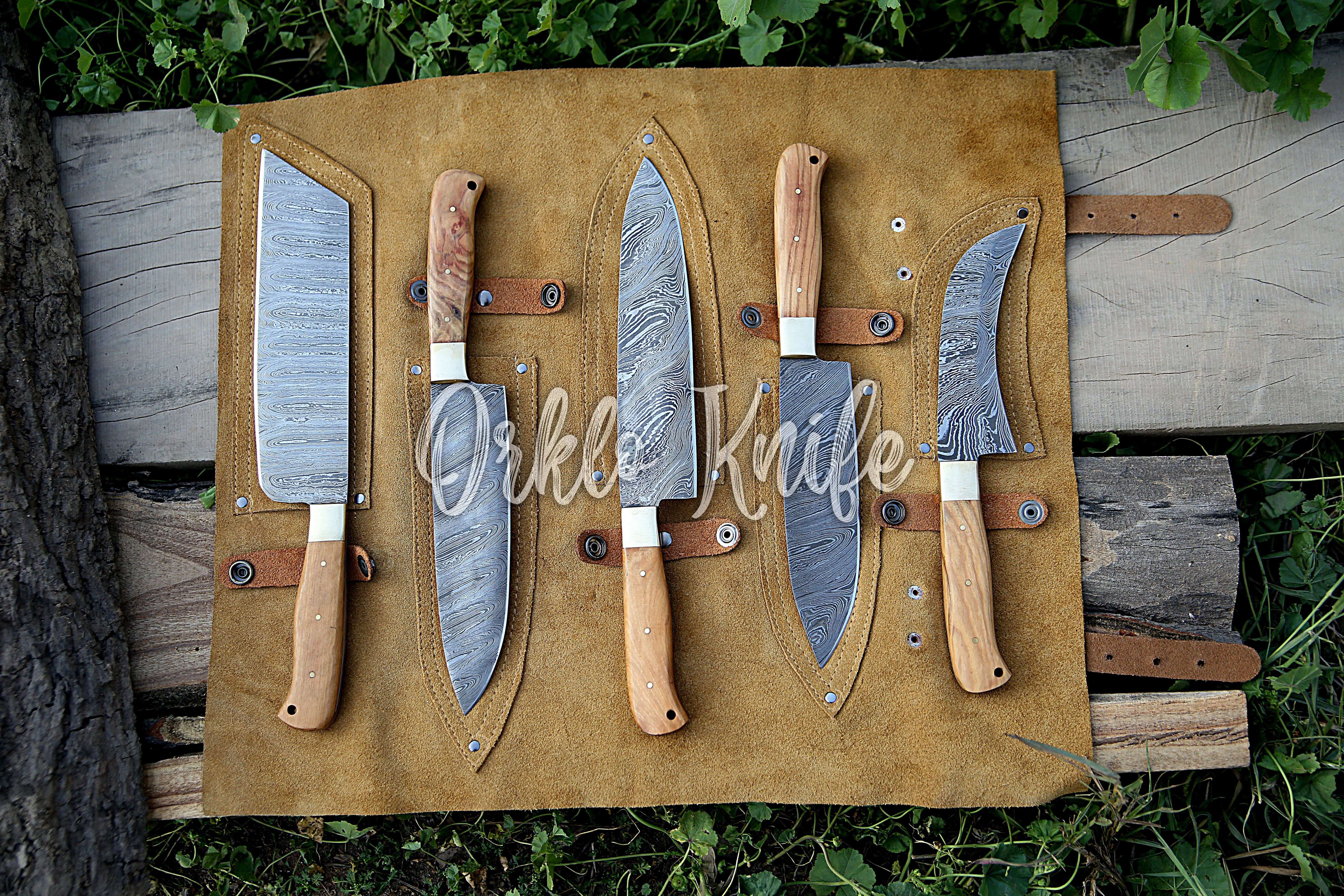 Custom Handmade Damascus steel chef/Kitchen knife set of 5 PCS with Le