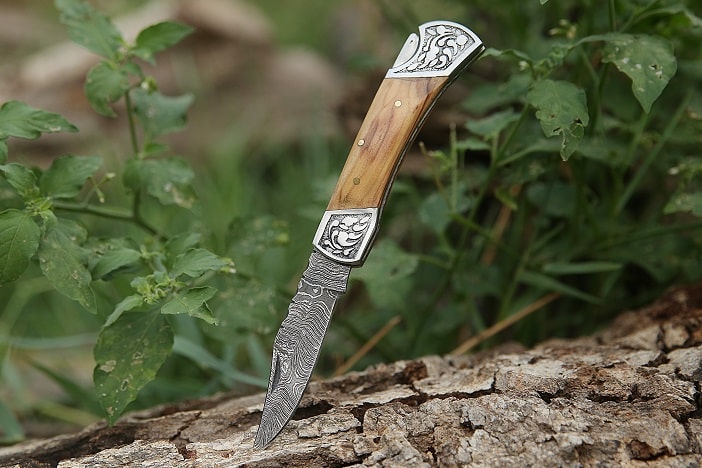 7 Olive Wood Engraved Steel Clips Handle with Back Lock Pocket Knife