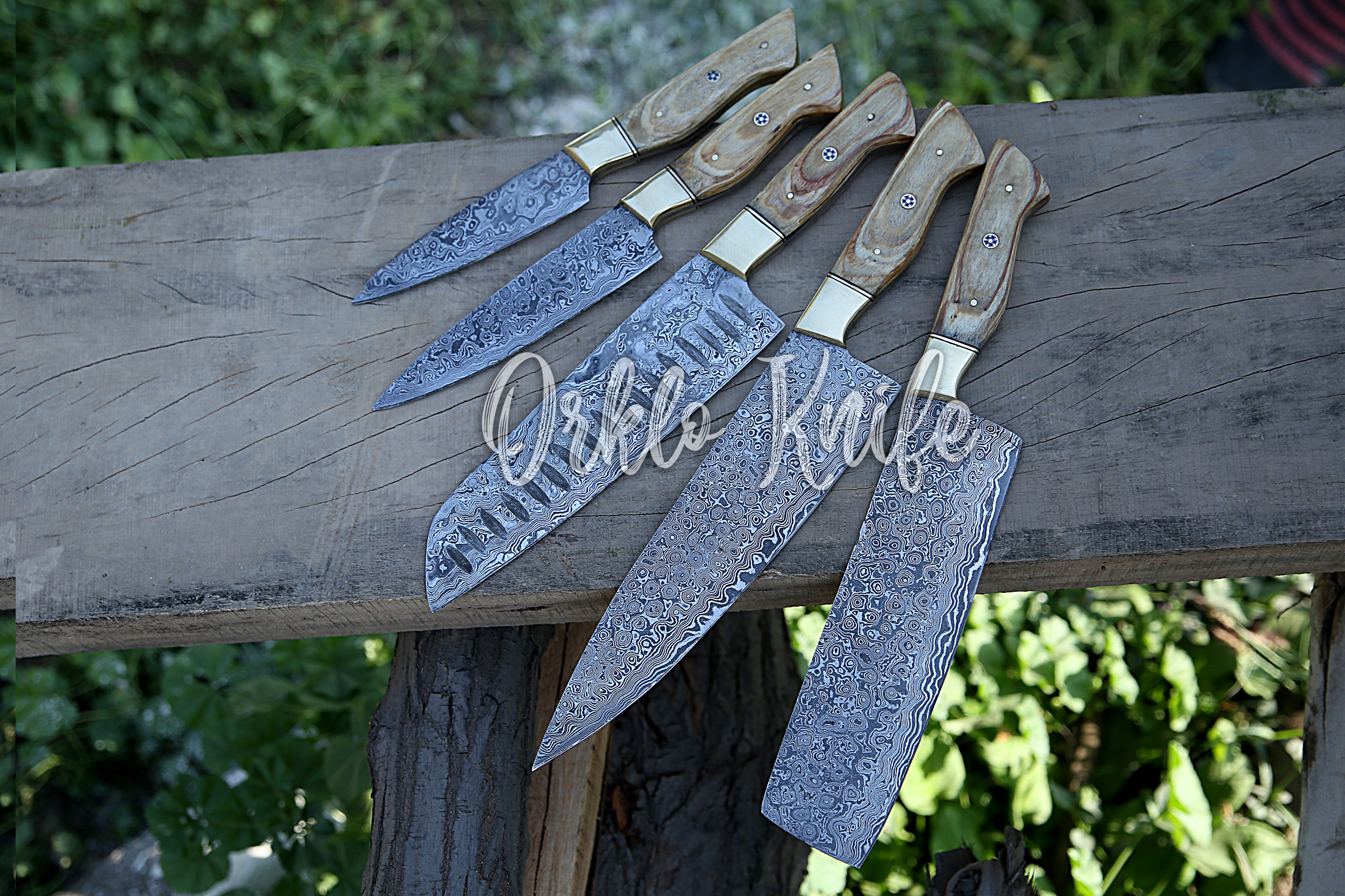 Handmade Damascus steel chef knife olive wood handle & leather sheath